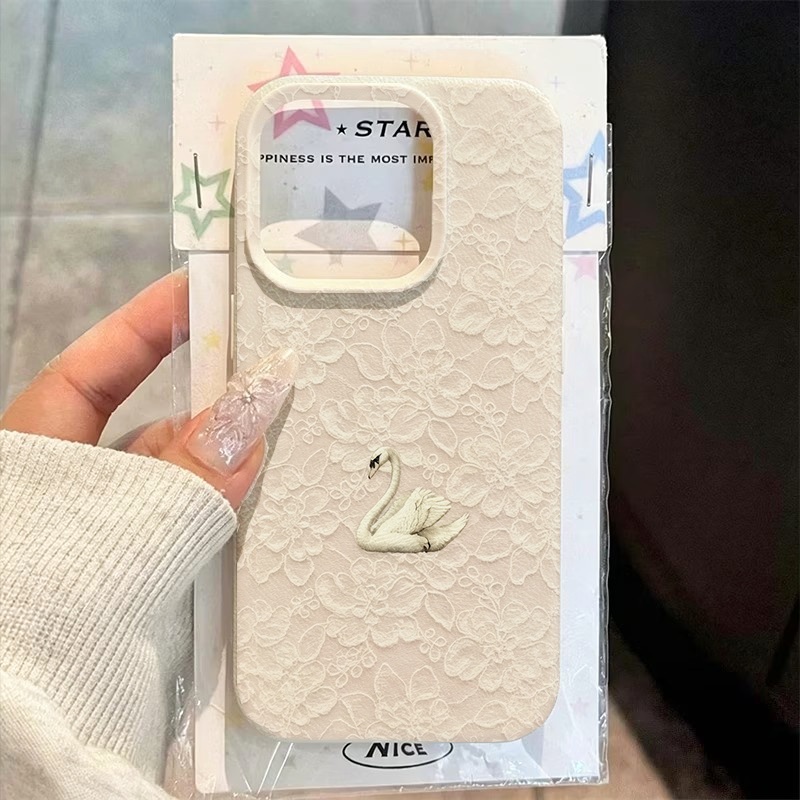 Apple Iphone 15 Pro Max - เคสโทรศัพท์ลายลูกไม้ลายหงส์ ผิวสัมผัสแบบลิ้นจี่ สำหรับ iPhone 17 16